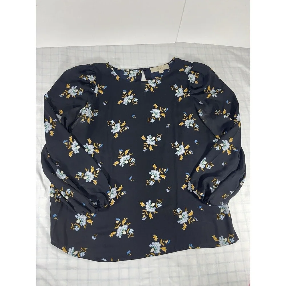 LOFT Womens Small Floral Blouse Navy Blue Long Puff Sleeve Pleated Shoulder S